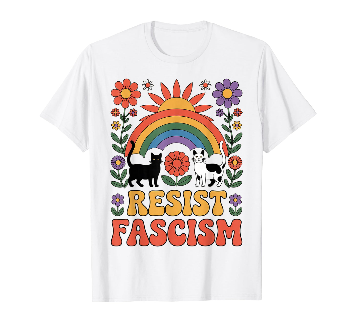 Cats Resist Fascism Retro Groovy Rainbow No Kings Hippie T-Shirt
