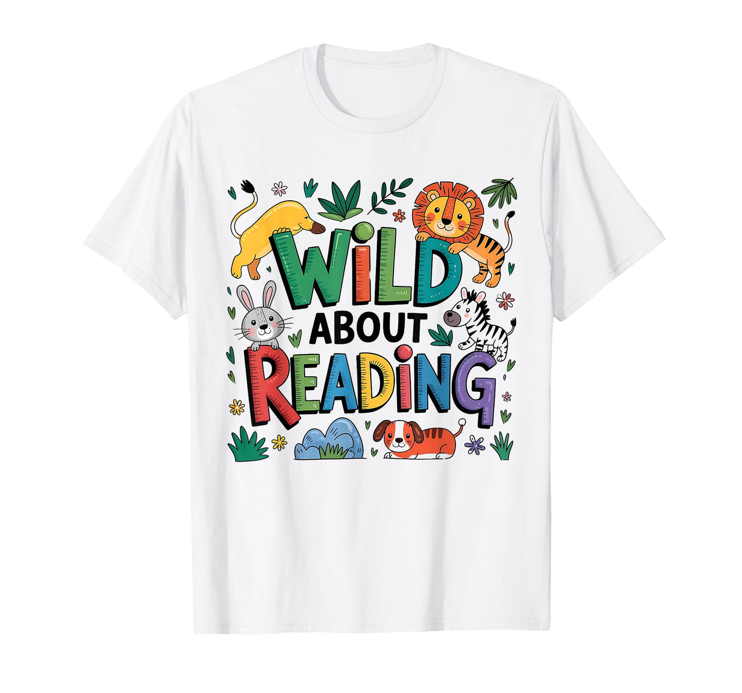 Wild About Reading Kids Animal Book Lover Design T-Shirt