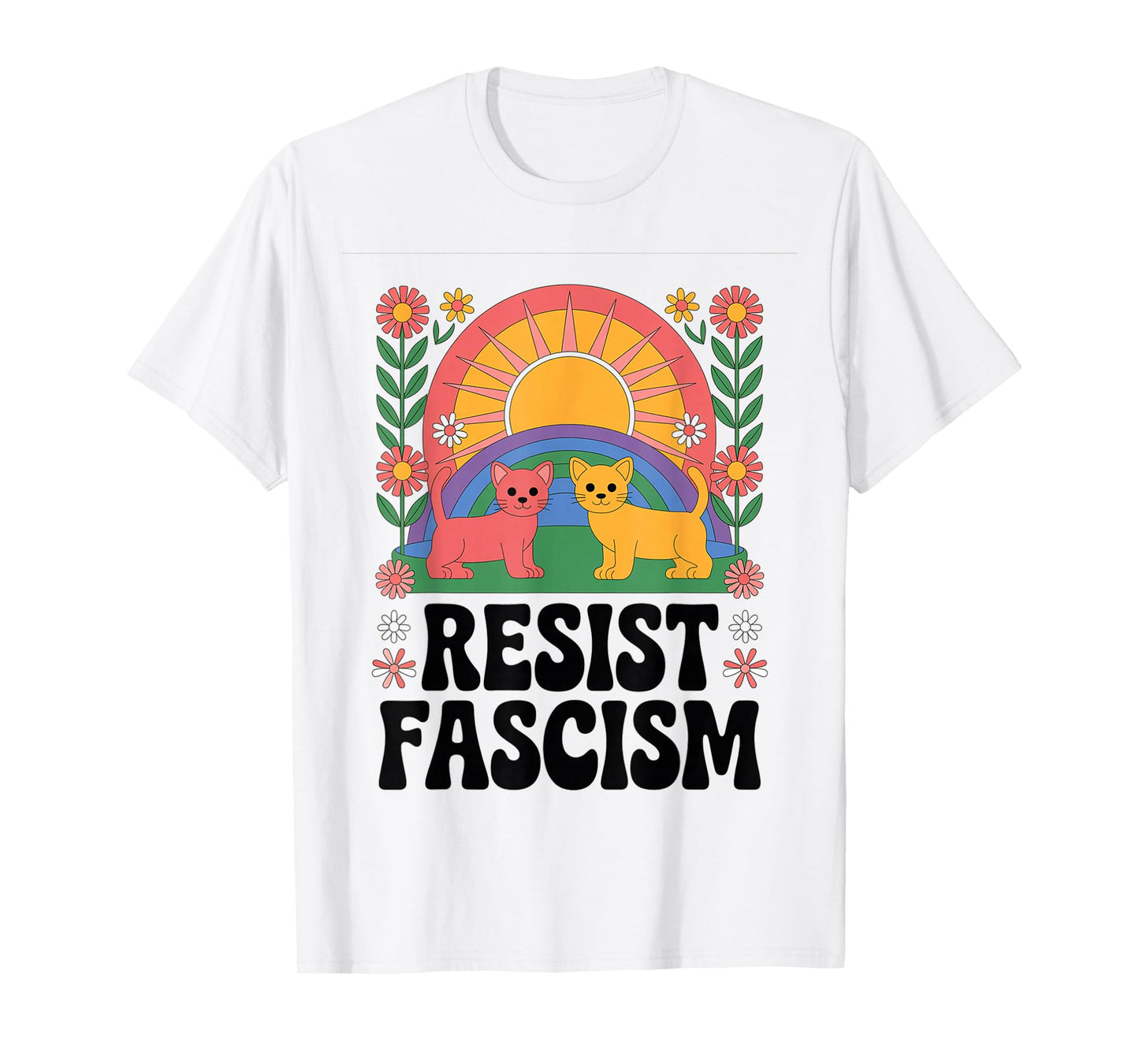 Cats Resist Fascism Retro Groovy Rainbow No Kings Hippie T-Shirt