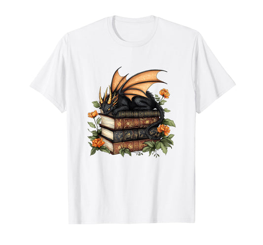 Cute Dragon Books Cottagecore Flower Bookworm Book Lover T-Shirt