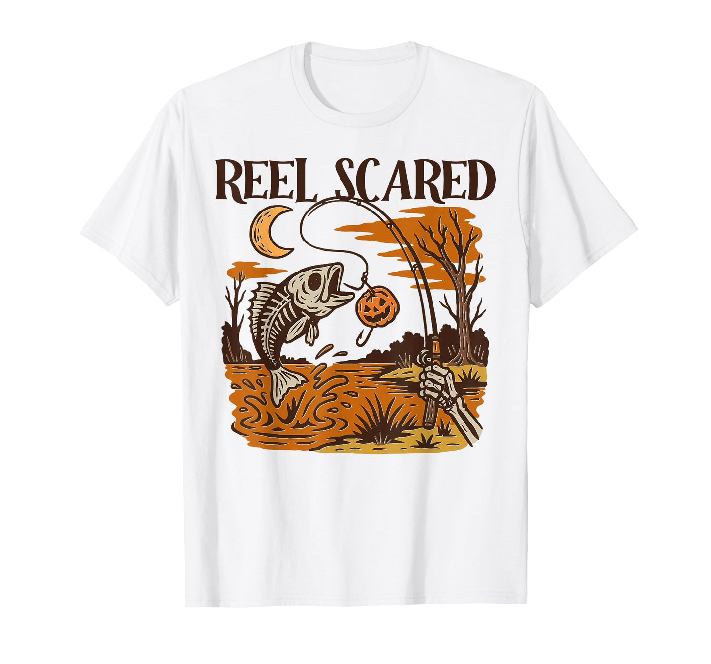 Vintage Reel Halloween Scared Fishing Skeleton Fisherman T-Shirt