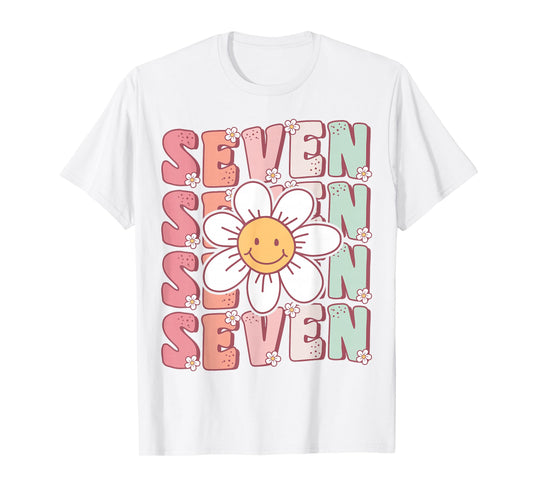 Cute Groovy 7th Birthday Party Daisy Flower Seven Year Old T-Shirt