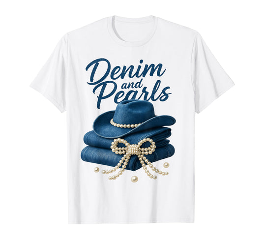 Denim and Pearls Outfit Women Western Cowgirl Rodeo Fashion T-Shirt