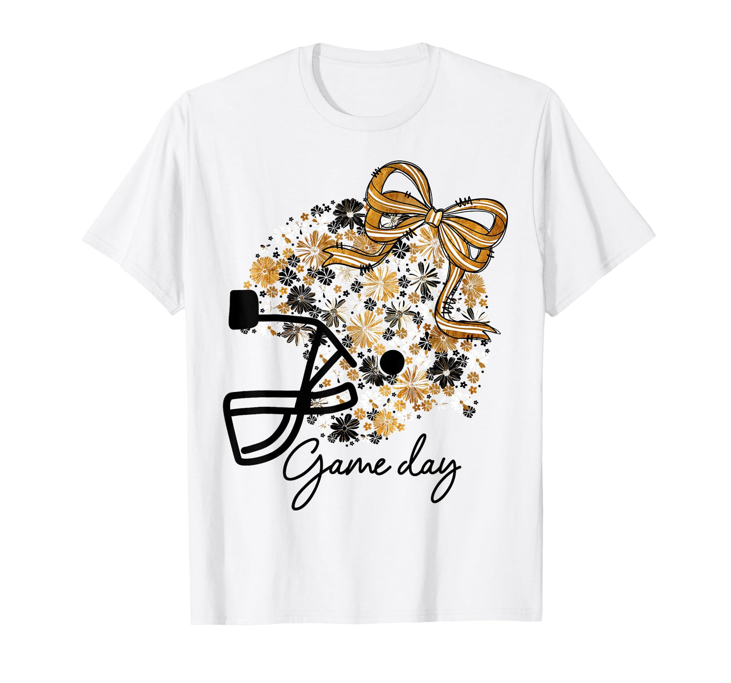 Floral Football Game Day Girly Bow Team Spirit Black & Gold T-Shirt