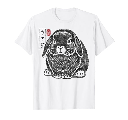 Grumpy Holland Lop Rabbit Kanji Japanese Traditional Art T-Shirt