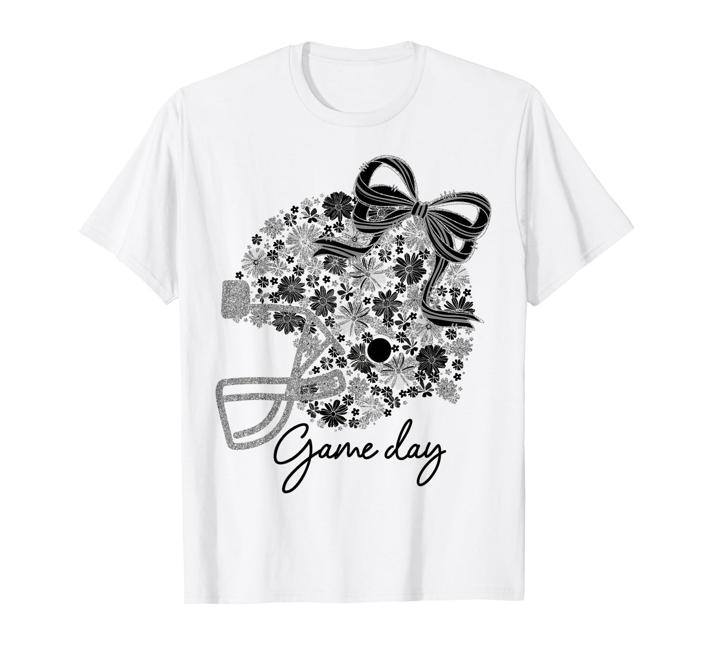 Floral Football Game Day Girly Team Spirit Black & Silver T-Shirt