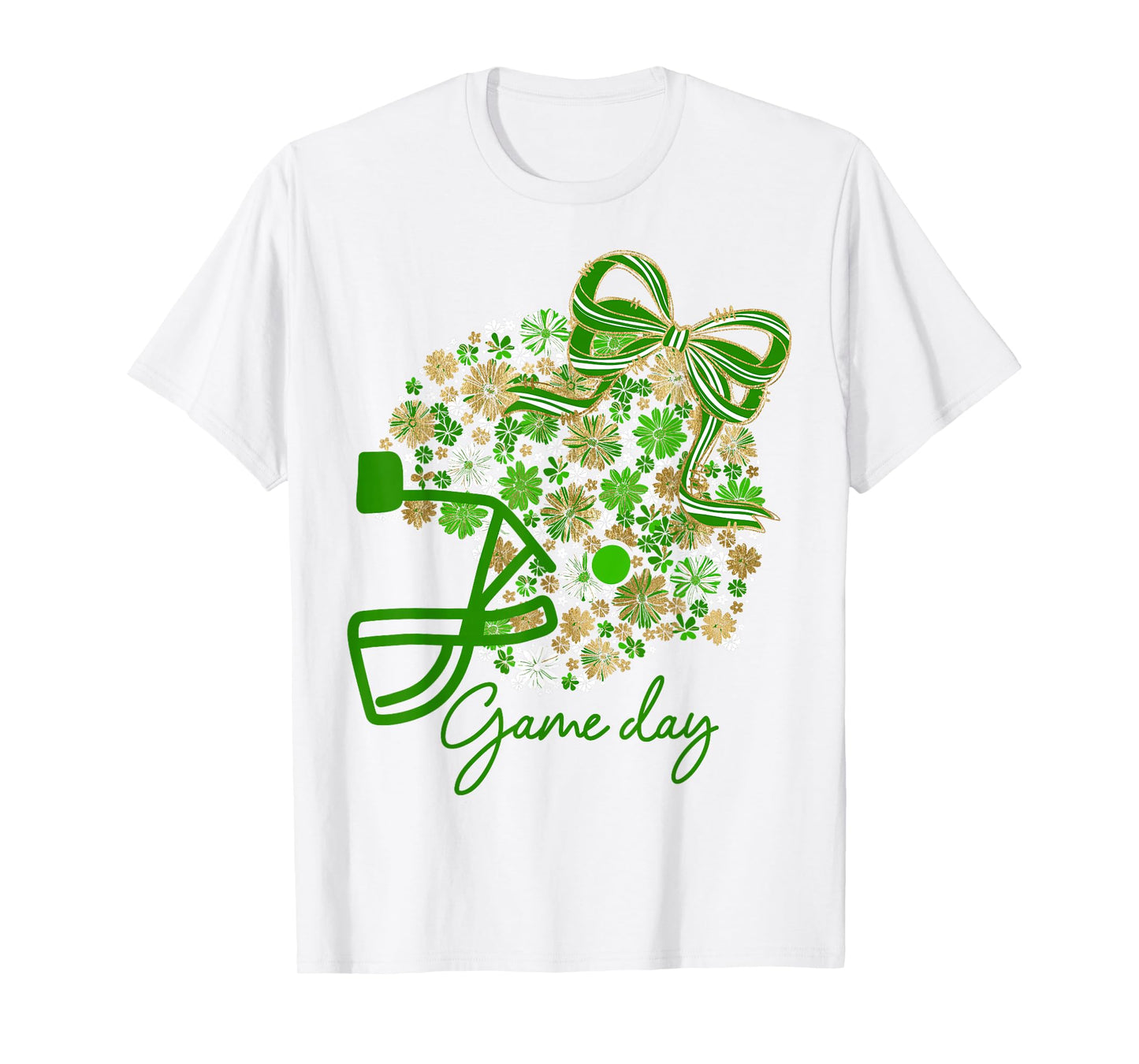 Floral Football Game Day Girly Team Spirit Green Gold White T-Shirt
