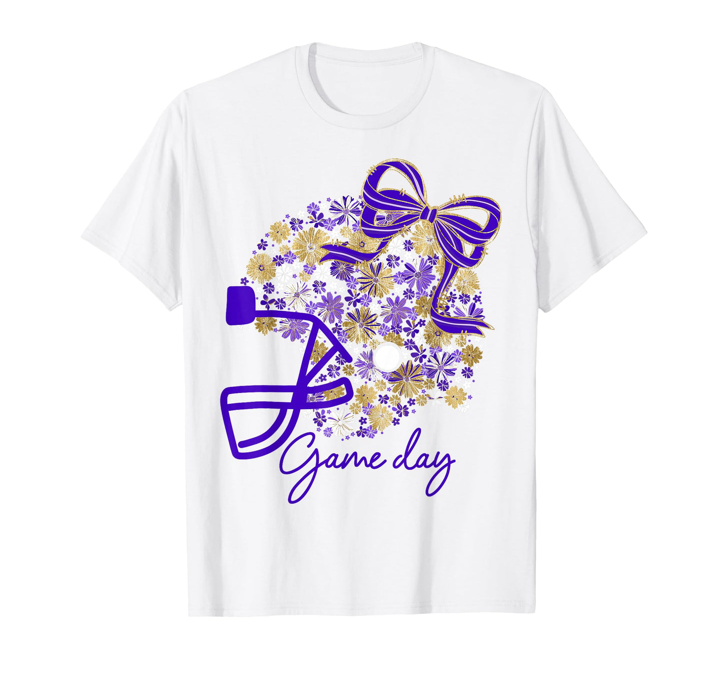 Floral Football Game Day Girly Bow Team Spirit Purple & Gold T-Shirt