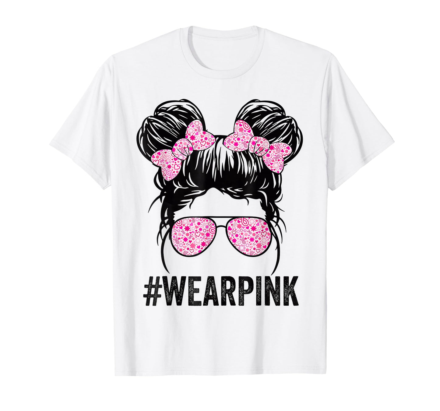 Kid Messy bun glasses wear pink breast cancer awareness T-Shirt