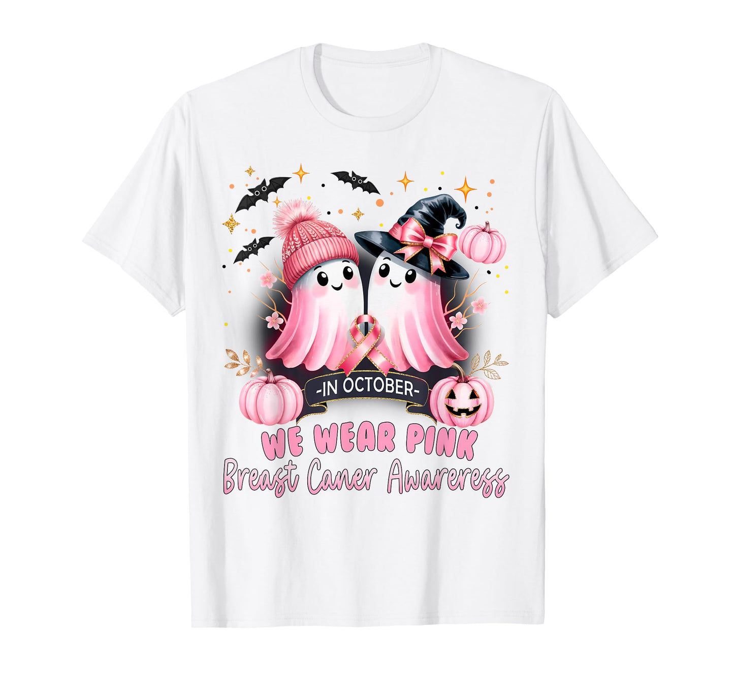 in October We Wear Pink Ghost Witch Breast Cancer Awareness T-Shirt