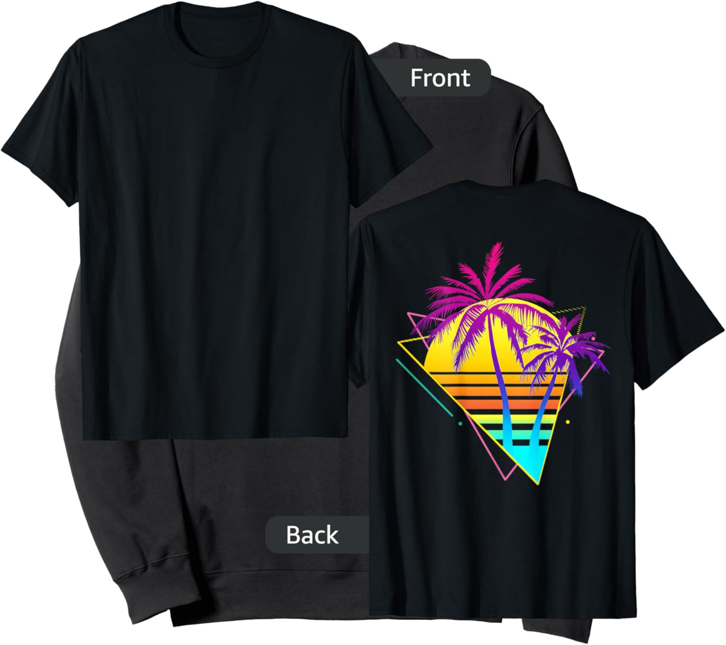 On Back - Retro 80s 90s Vaporwave Tropical Sunset Palm Trees Sweatshirt - Sweatshirt | Black