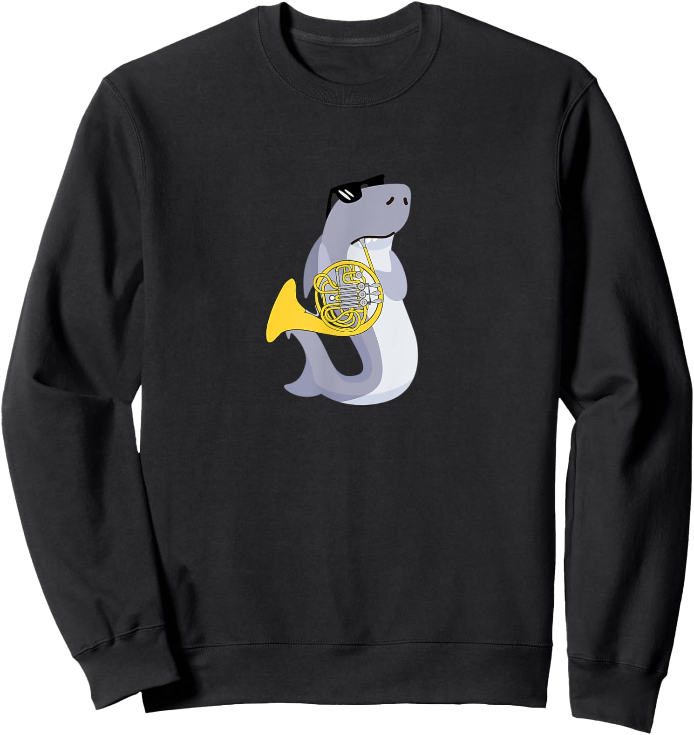 Funny Shark Wearing Sunglasses Playing French Horn Sweatshirt - Sweatshirt | Black