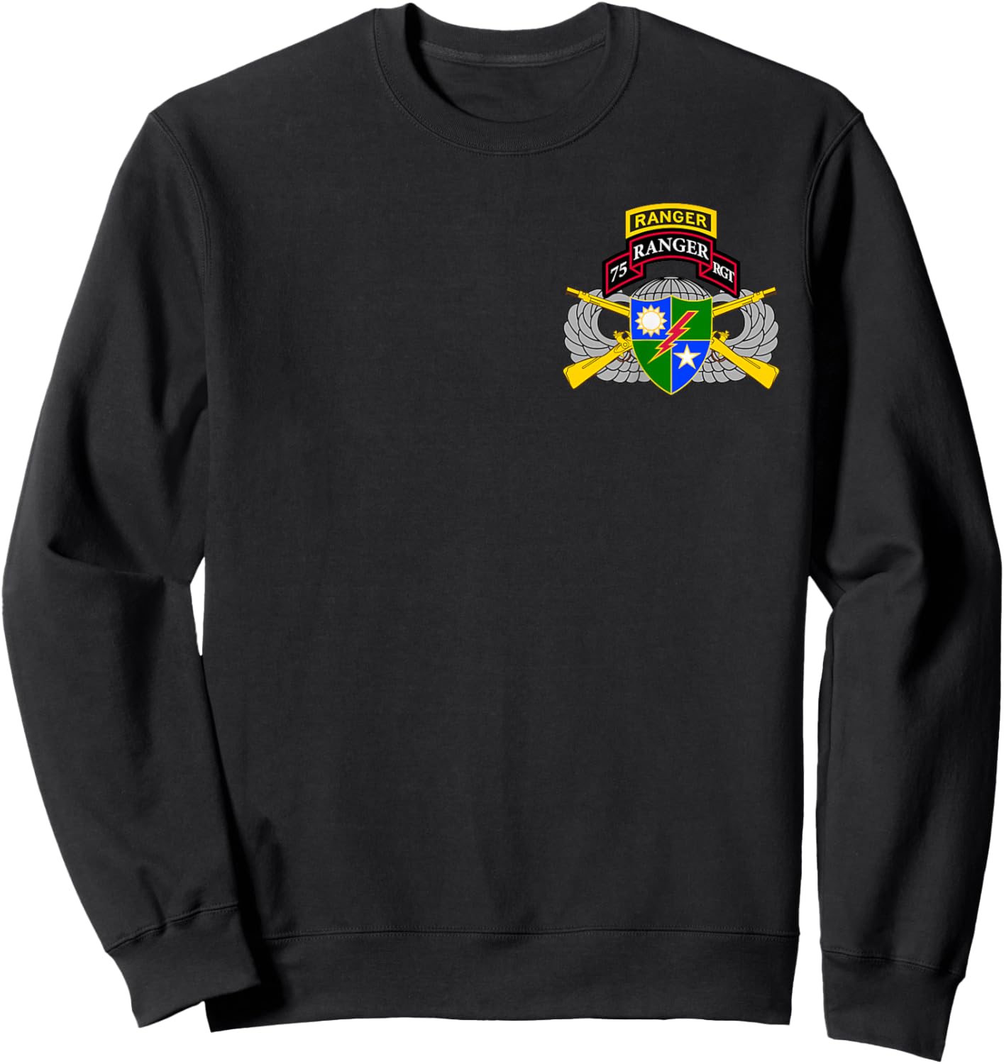 US Army Ranger - 75th Scroll, Tab, Airborne Wings, Rifles Sweatshirt - Sweatshirt | Black