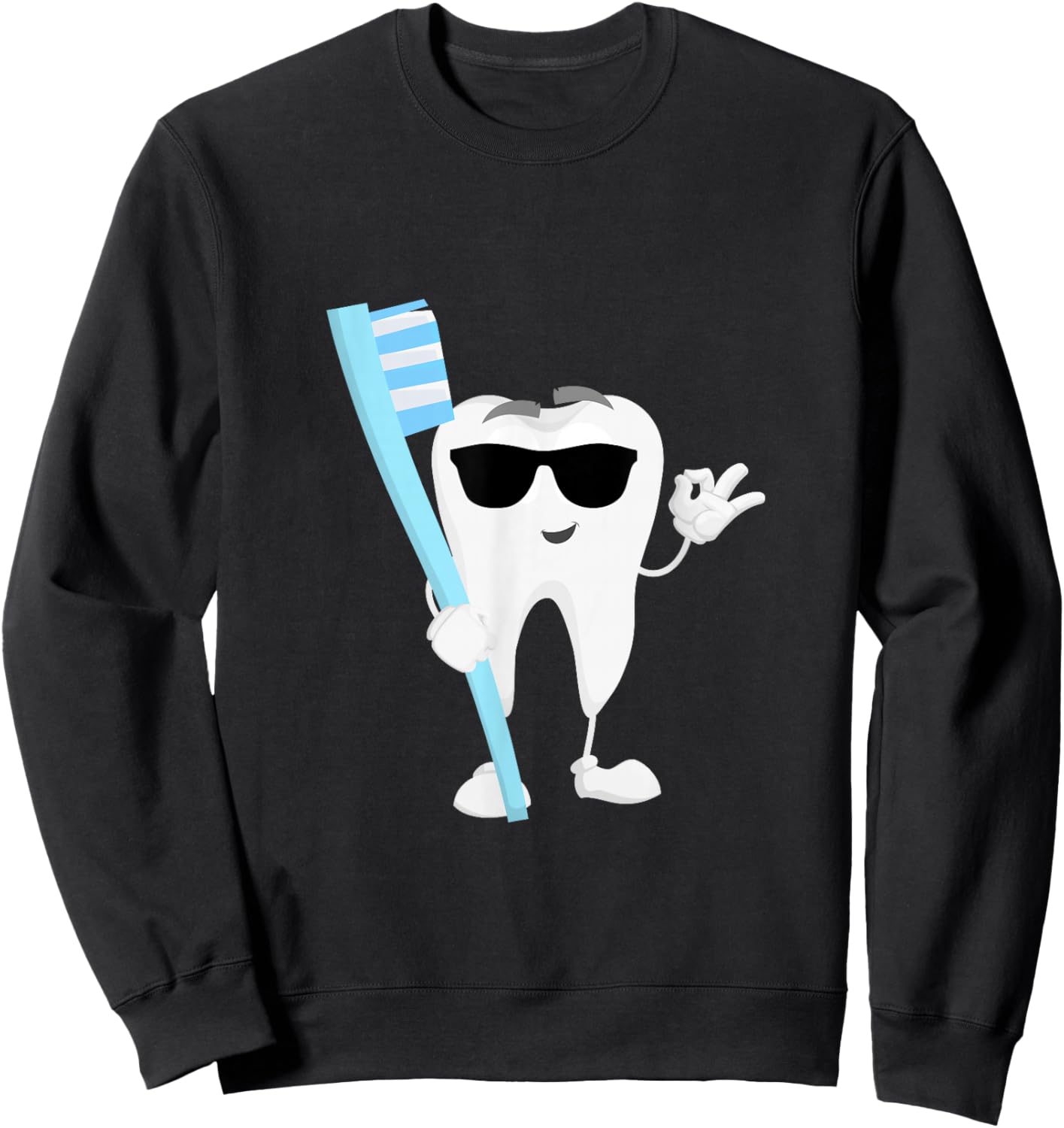 Cartoon Tooth with Sunglasses and Toothbrush Dentist Dental Sweatshirt - Sweatshirt | Black