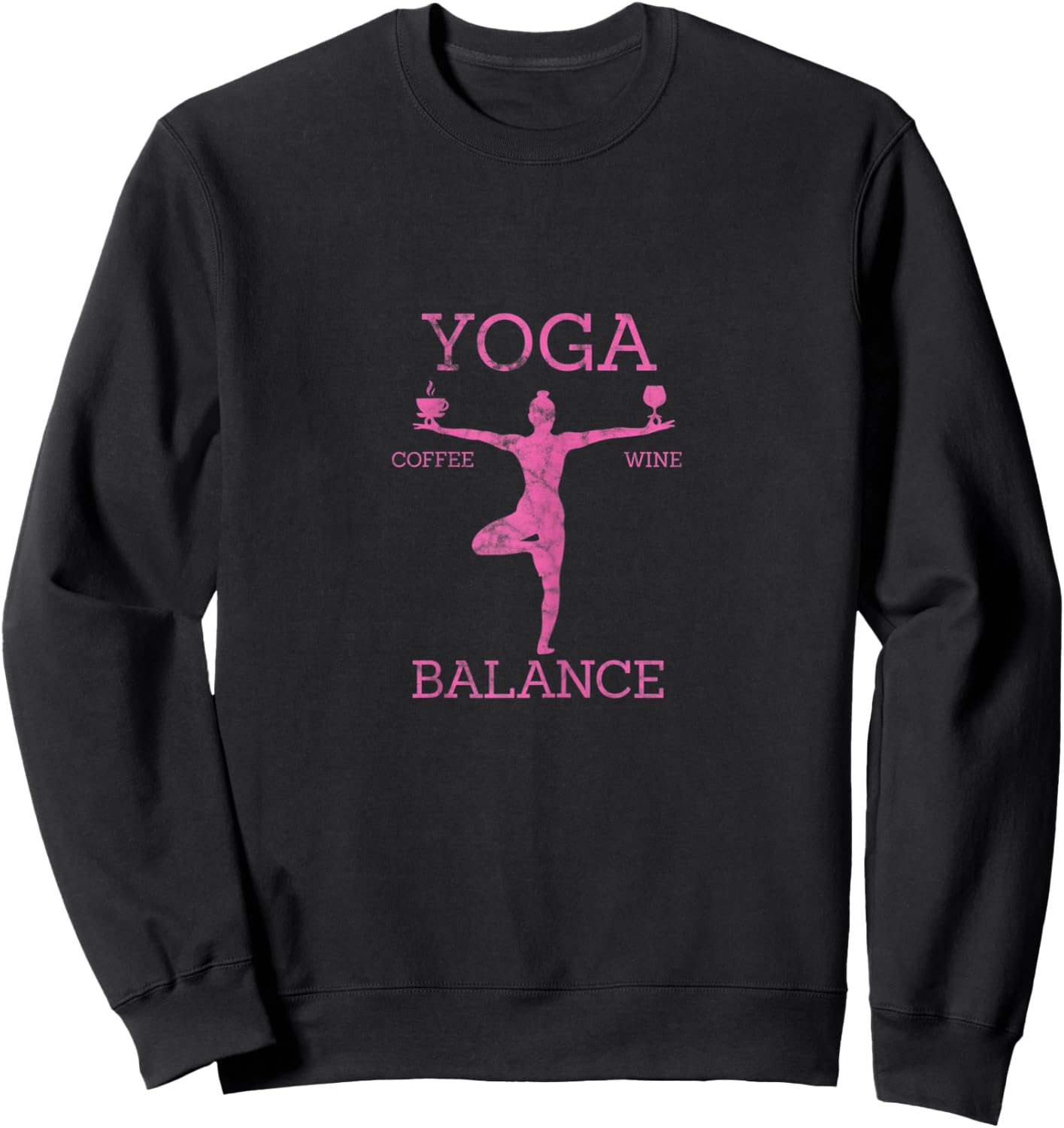 Yoga Coffee Wine Balance Fitness Workout Distressed Sweatshirt - Sweatshirt | Black