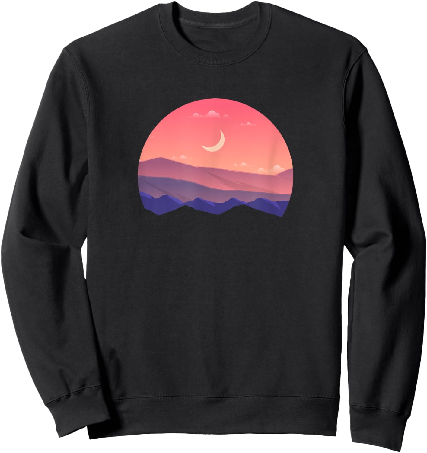 Pink Mountain and Moon Sunset Scene Silhouette Sweatshirt - Sweatshirt | Black