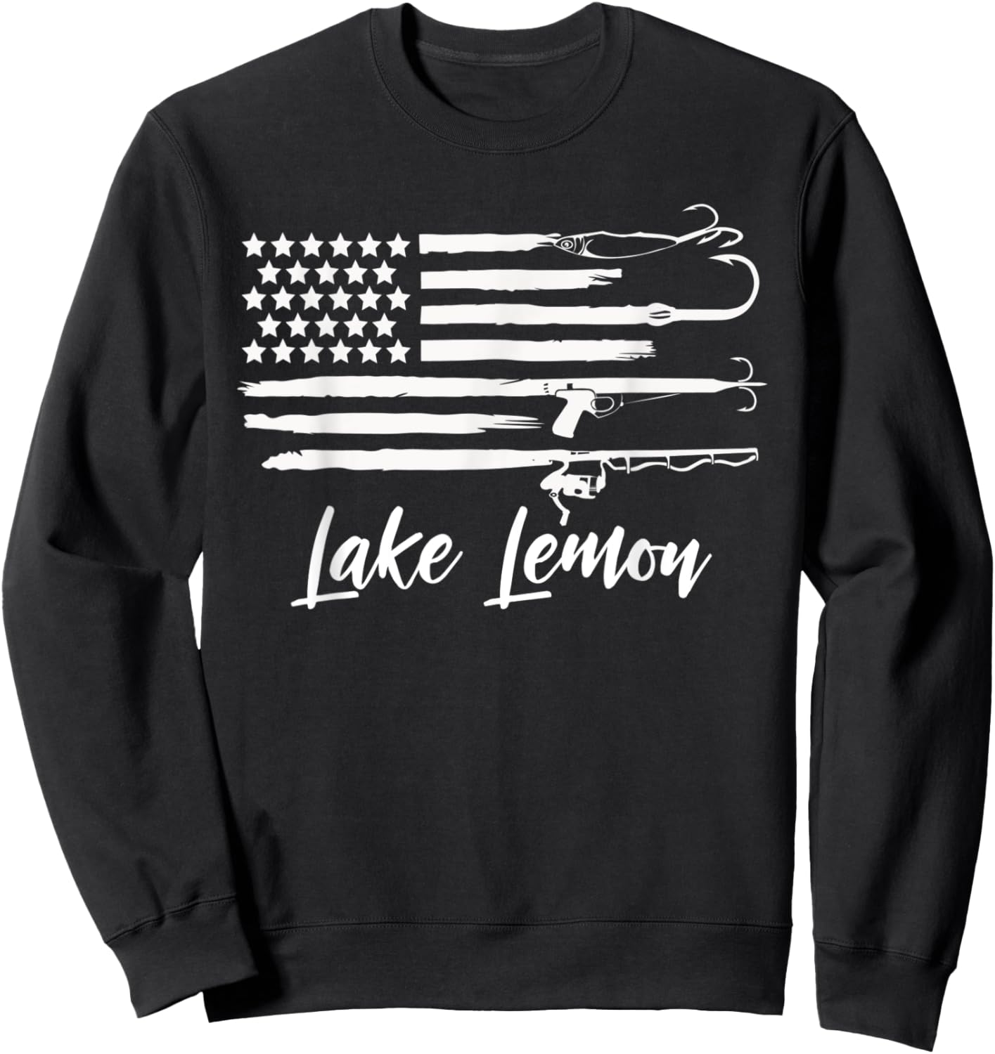 Lake Lemon Indiana Patriotic Fishing Novelty Flag Sweatshirt - Sweatshirt | Black