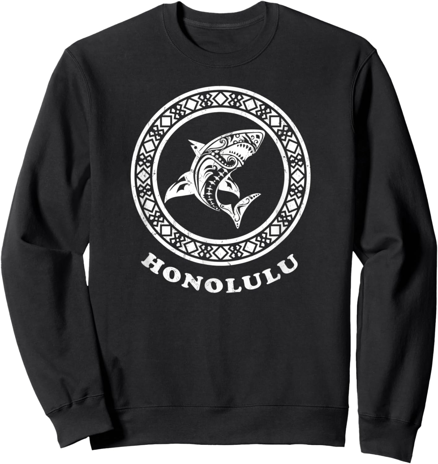 Honolulu Oahu, Hawaii Vintage Tribal Shark Vacation Sweatshirt - Sweatshirt | Black