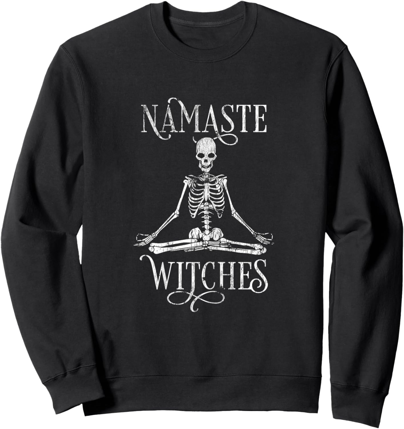 Distressed Halloween Yoga Skeleton Namaste Witches Sweatshirt - Sweatshirt | Black
