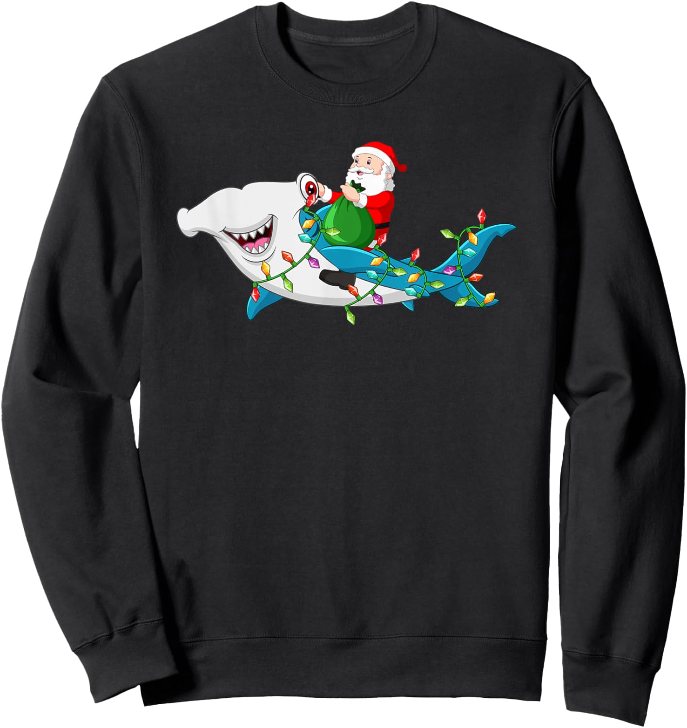 Santa Riding Hammerhead Shark Christmas Light Kids Boys Men Sweatshirt - Sweatshirt | Black