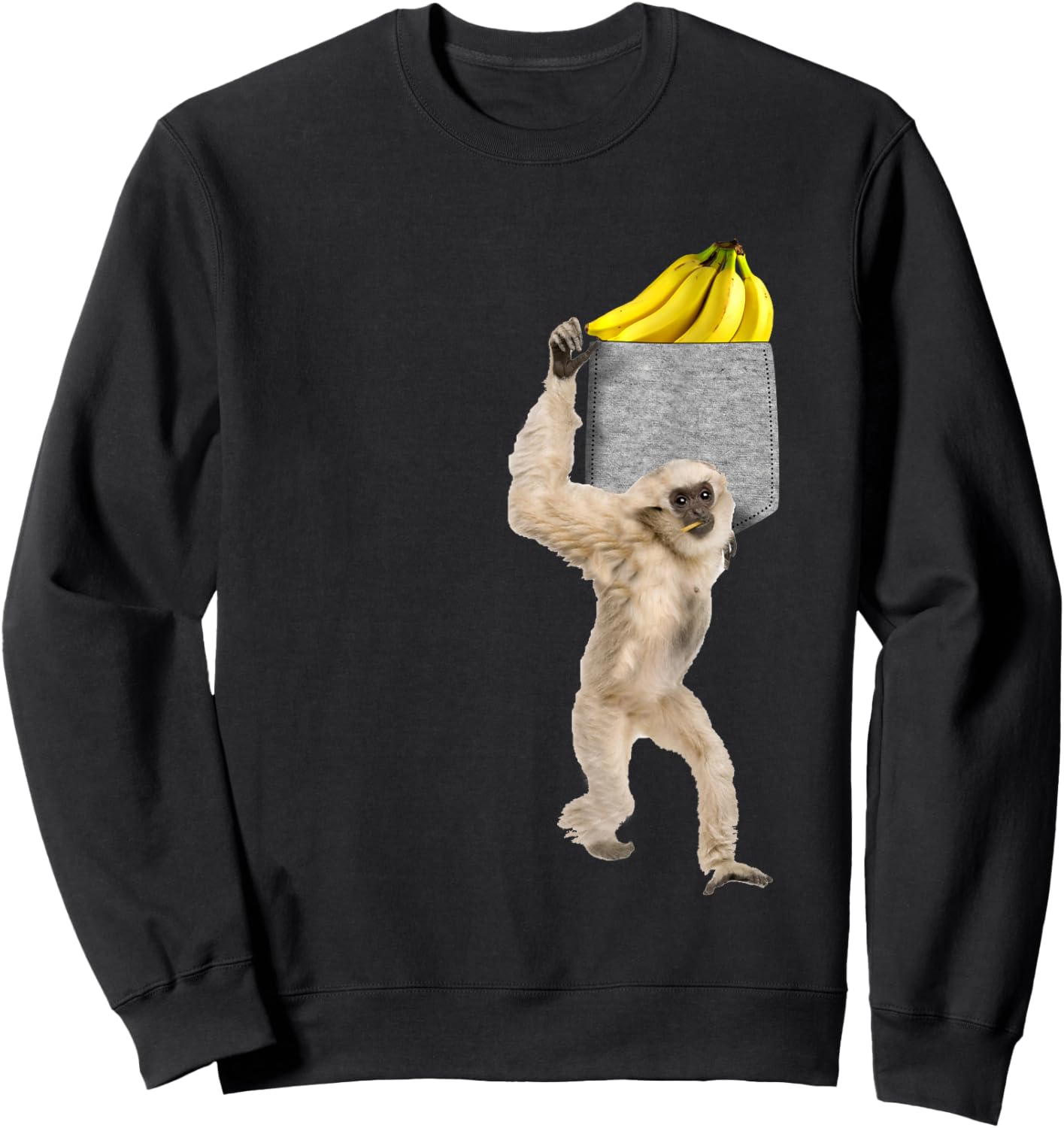 Gibbon Monkey Reaching For Banana In Fake Pocket Sweatshirt - Sweatshirt | Black