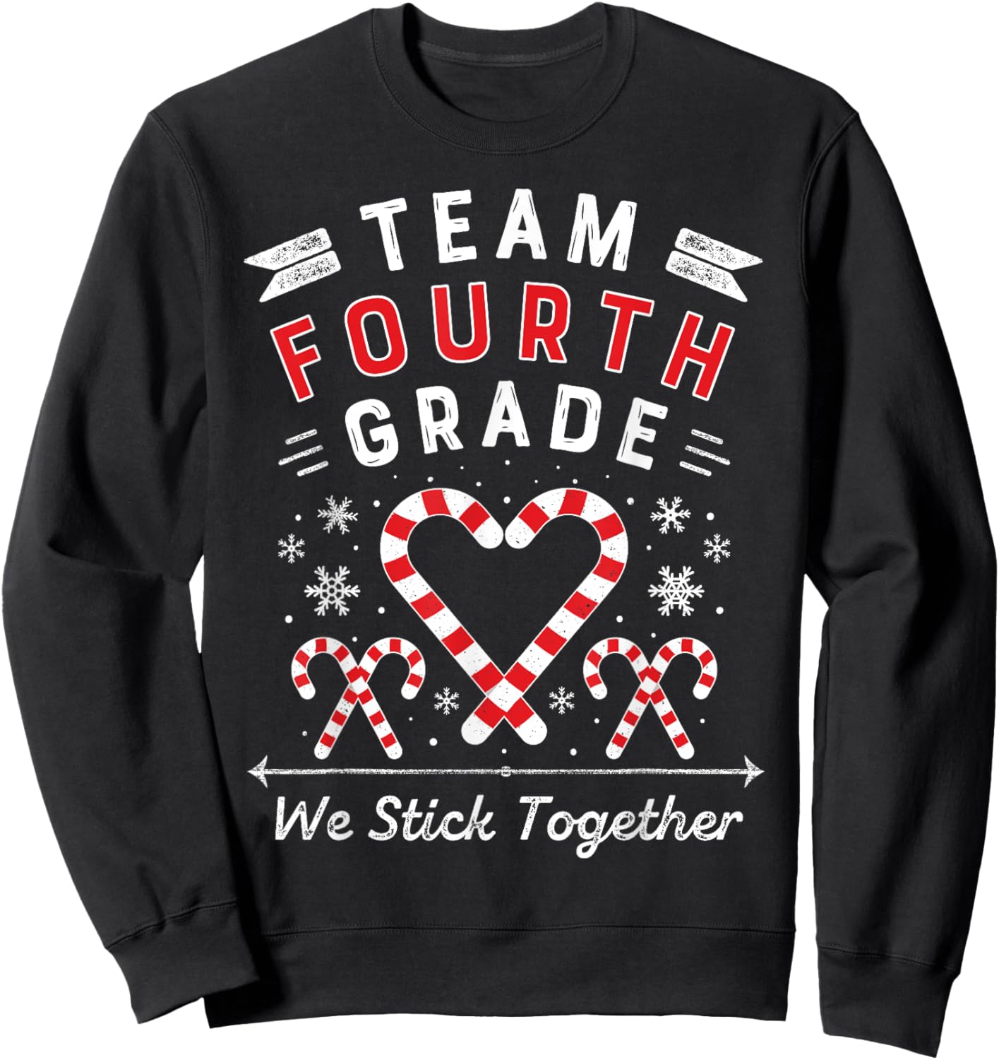 Team Fourth Grade Christmas Candy Cane Heart | Xmas Teacher Sweatshirt - Sweatshirt | Black