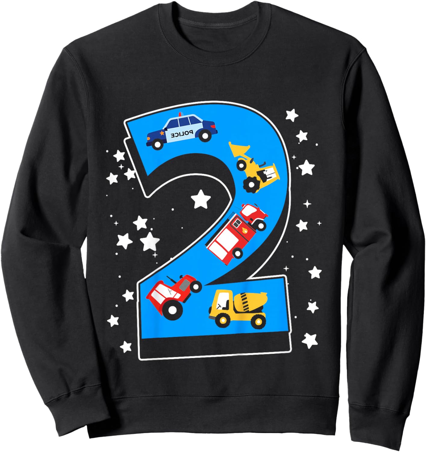 Kids 2nd Birthday 2 Years with firetruck and police car Sweatshirt - Sweatshirt | Black