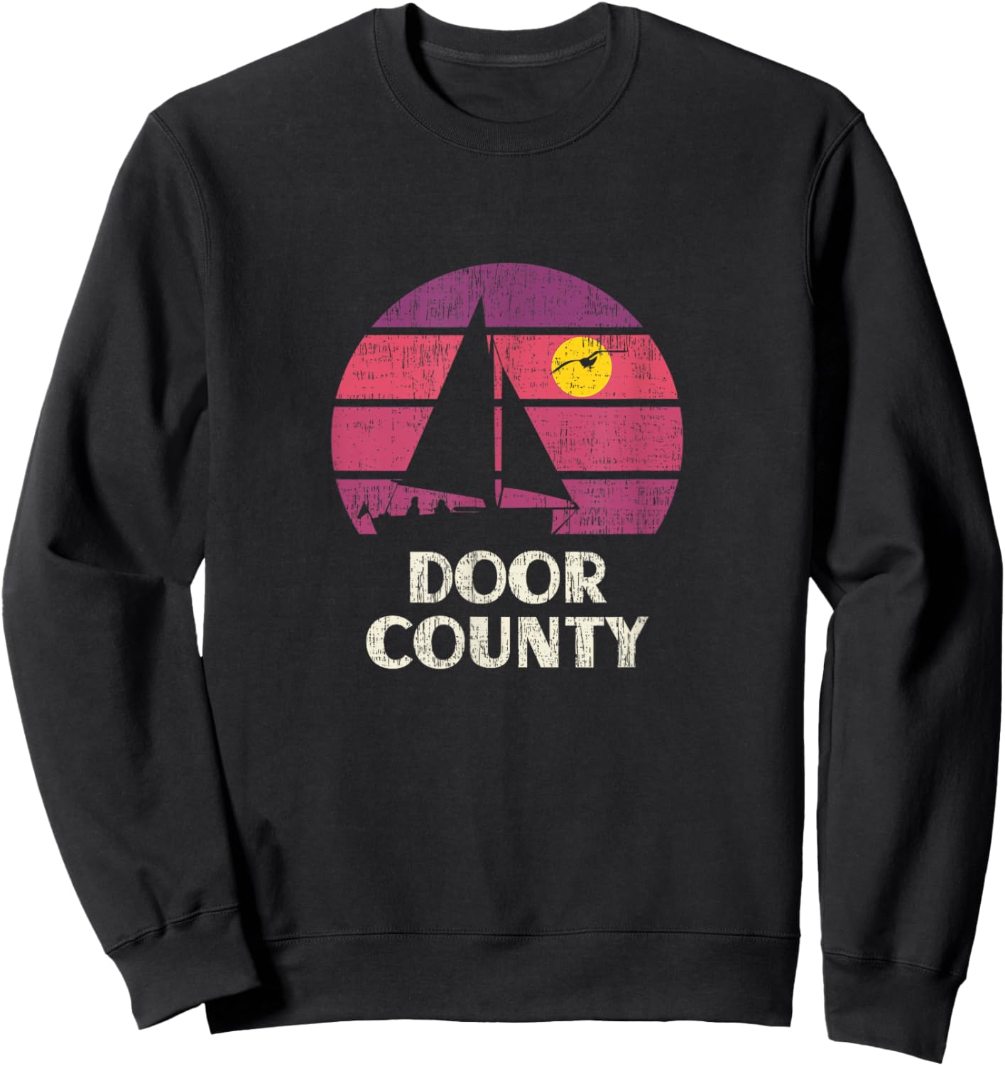 Door County WI Sailing Retro 70s Vintage Sunset Sailboat Sweatshirt - Sweatshirt | Black