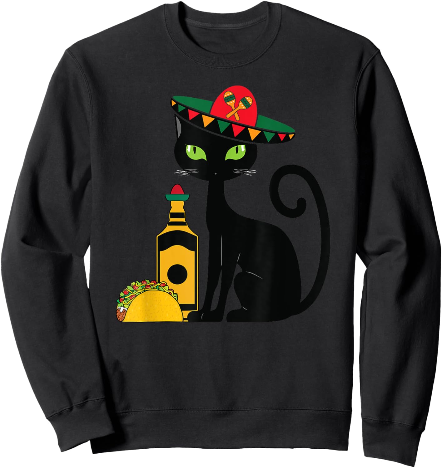 Cinco De Mayo Black Cat With Sombrero Tequila Funny Women Sweatshirt - Sweatshirt | Black