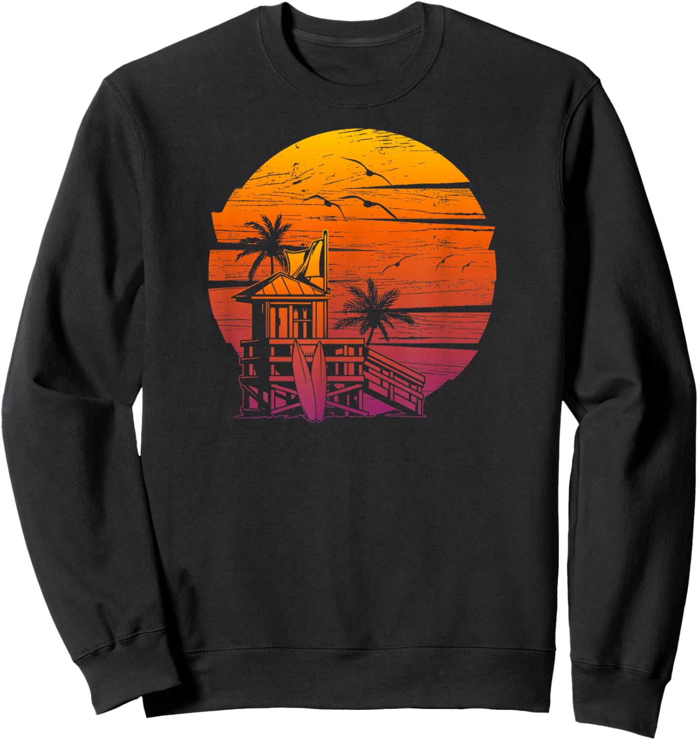 Vintage Beach Lifeguard Tower Distressed Sunset Sweatshirt - Sweatshirt | Black