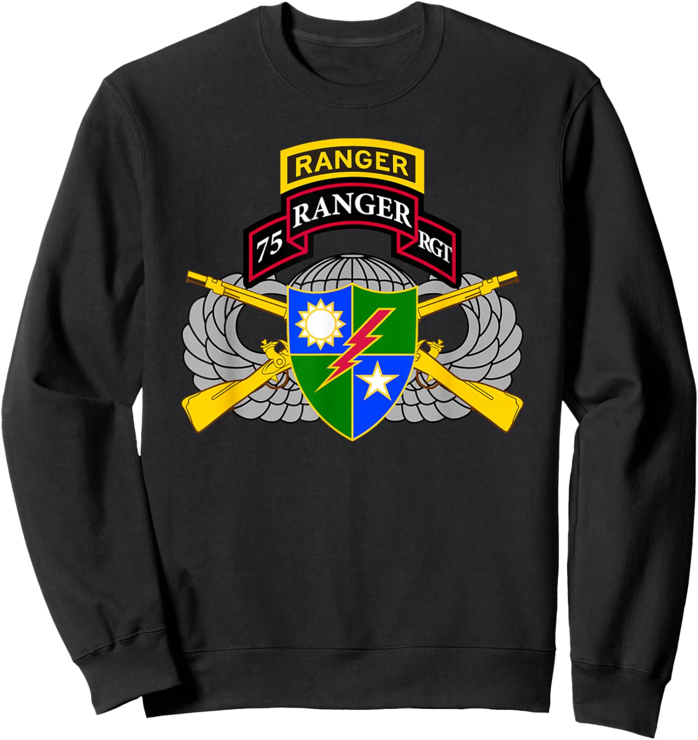 US Army Ranger - 75th Scroll, Tab, Airborne Wings, Rifles Sweatshirt - Sweatshirt | Black