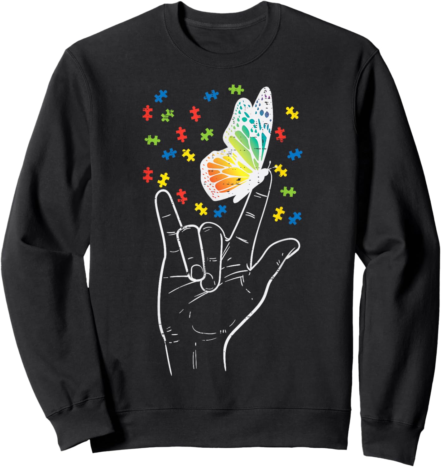 Asl Love Sign Butterfly Puzzle Autism Awareness Sped Teacher Sweatshirt - Sweatshirt | Black