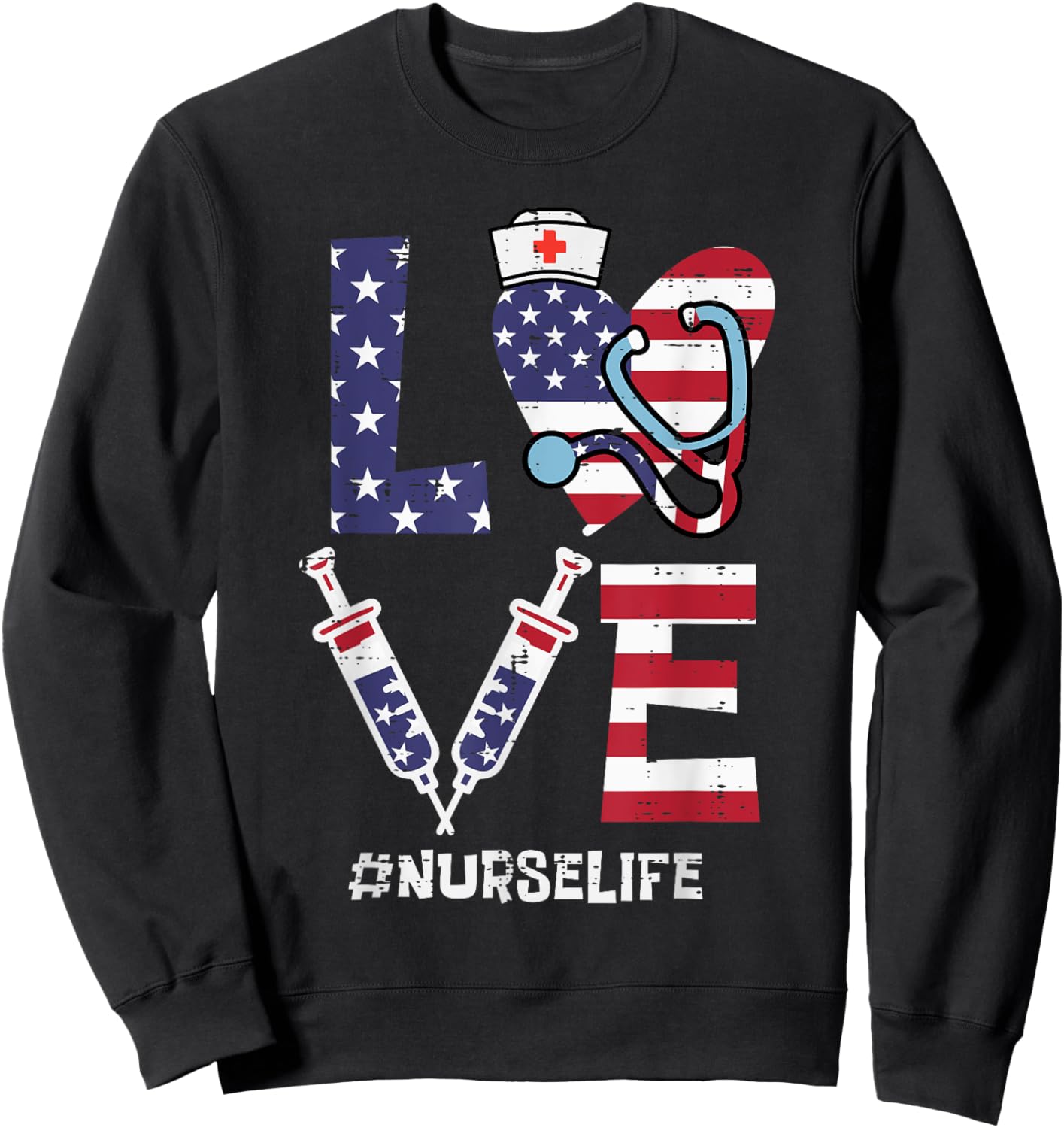 Love Stethoscope Nurse Fourth 4th Of July Nursing Patriot Sweatshirt - Sweatshirt | Black