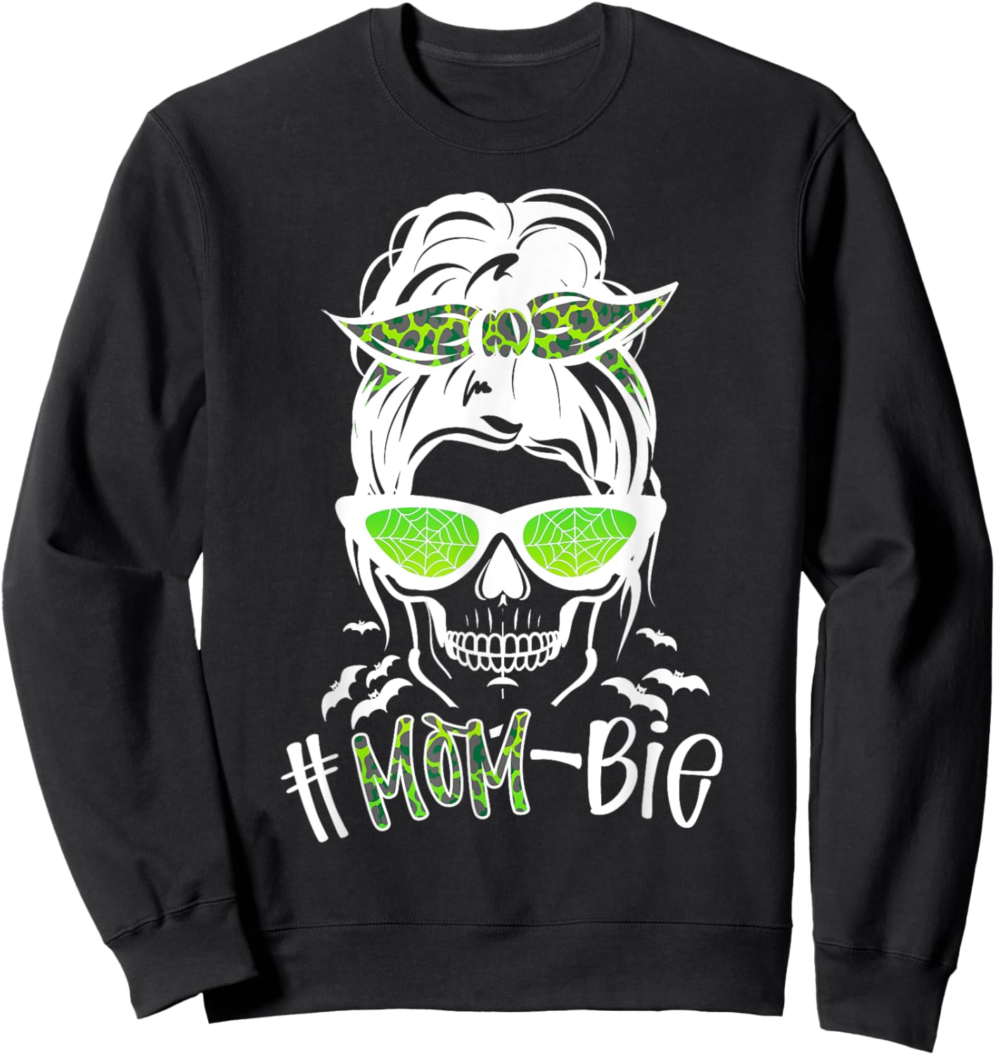 Messy Bun Zombie Mom Funny Halloween Costume Skull Sweatshirt - Sweatshirt | Black