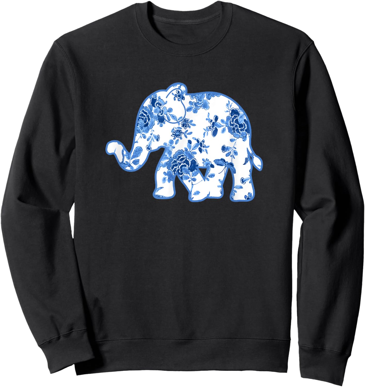 Elephant Chinoiserie Shirt Blue White Floral Pattern Sweatshirt - Sweatshirt | Black