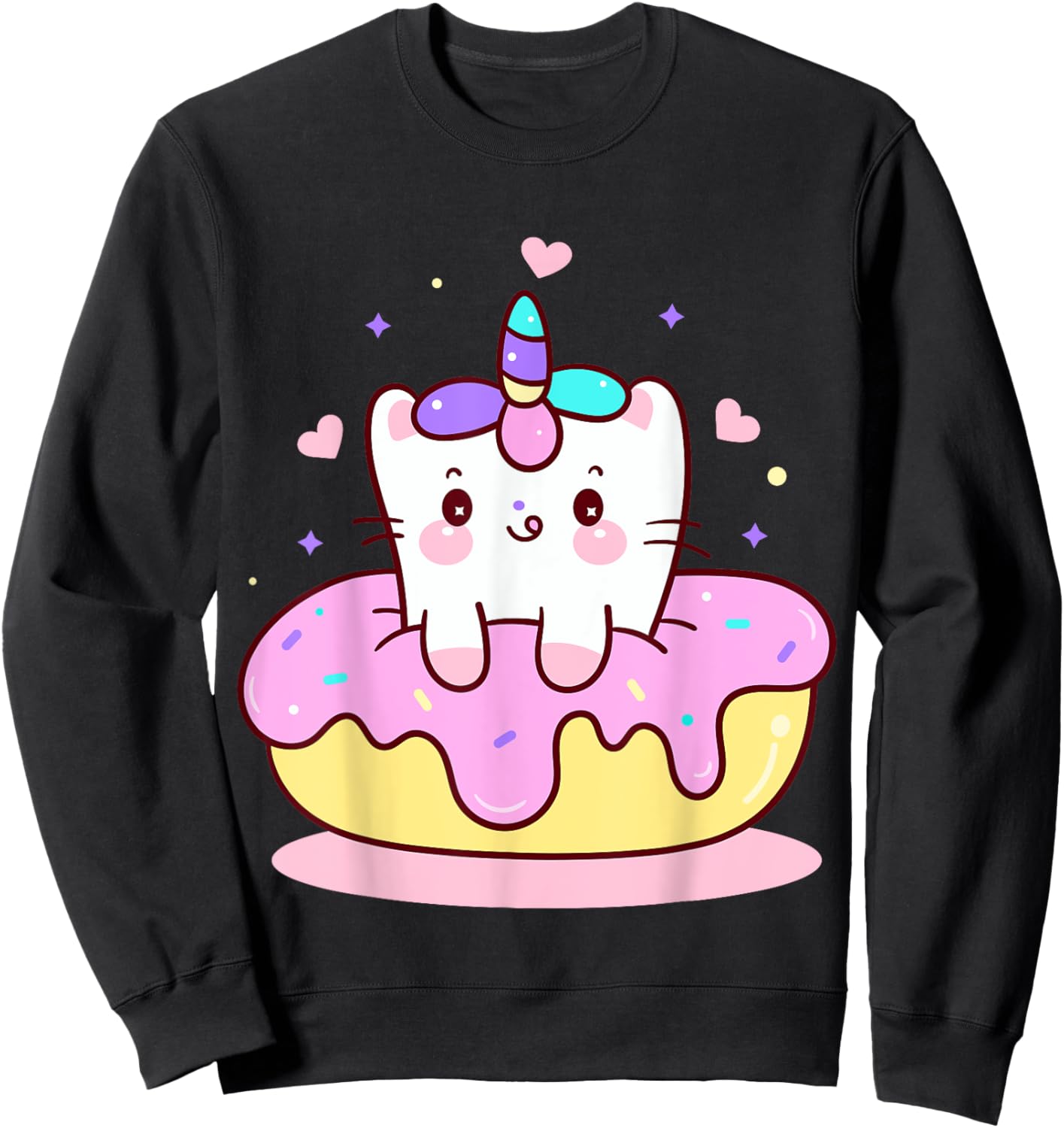 Unicorn Kitty Cat Kitten on Donut Girl Boy Kids Youth Child Sweatshirt - Sweatshirt | Black