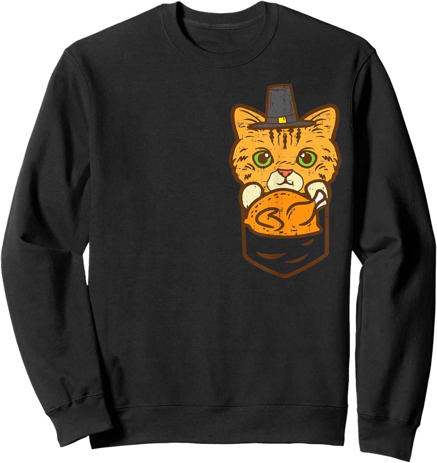 Pocket Pilgrim Cat Turkey Cute Thanksgiving Men Women Kids Sweatshirt - Sweatshirt | Black