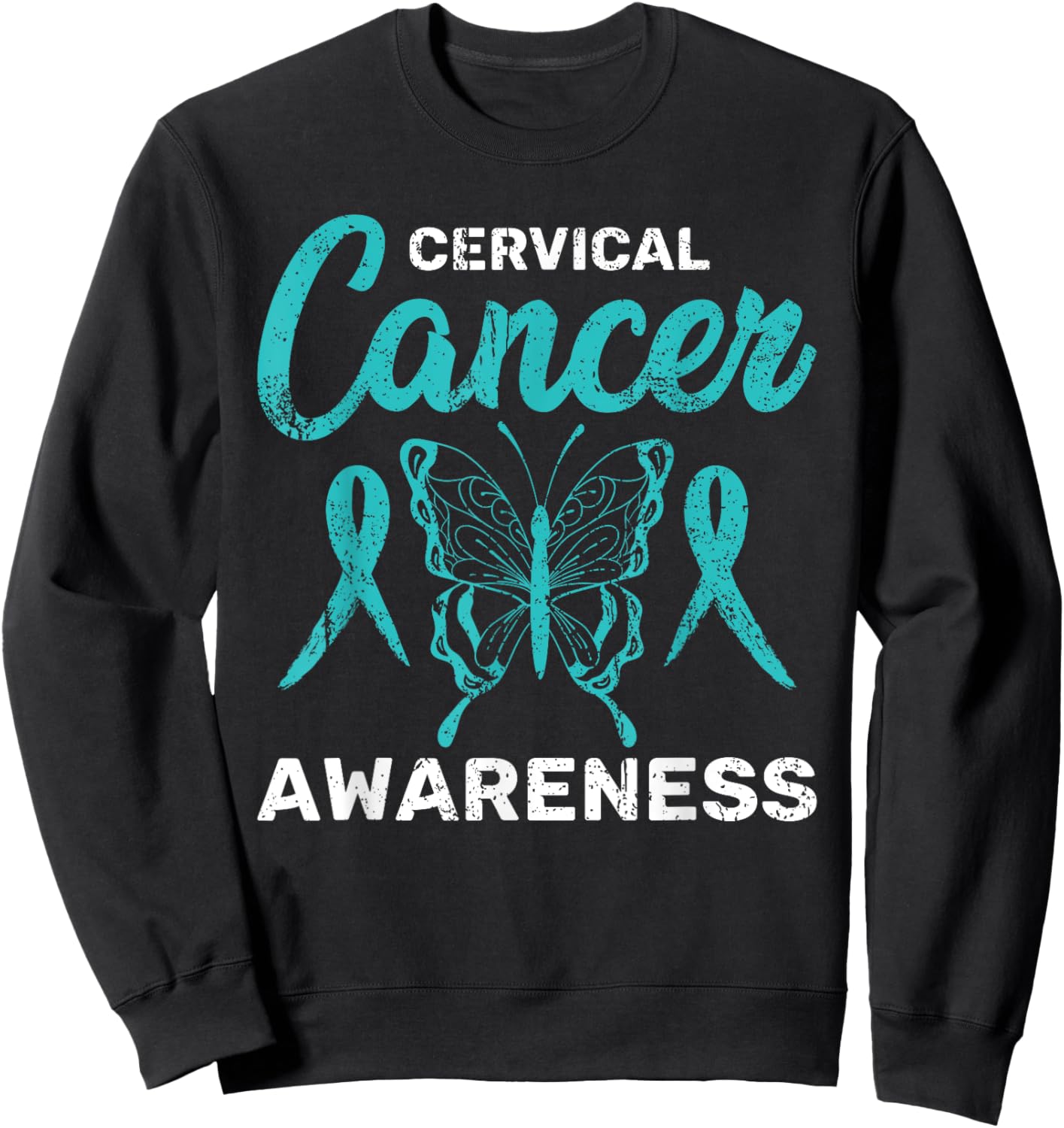 Teal Ribbon Butterfly Cancer Survivor Cervical Cancer Sweatshirt - Sweatshirt | Black