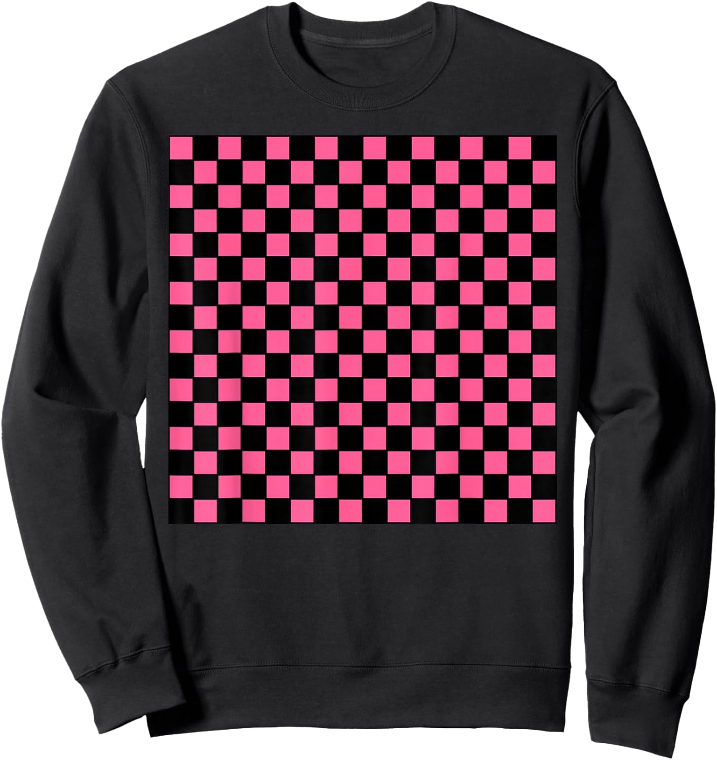 Black Hot Pink Checkerboard Pattern Checkered Gingham Check Sweatshirt - Sweatshirt | Black