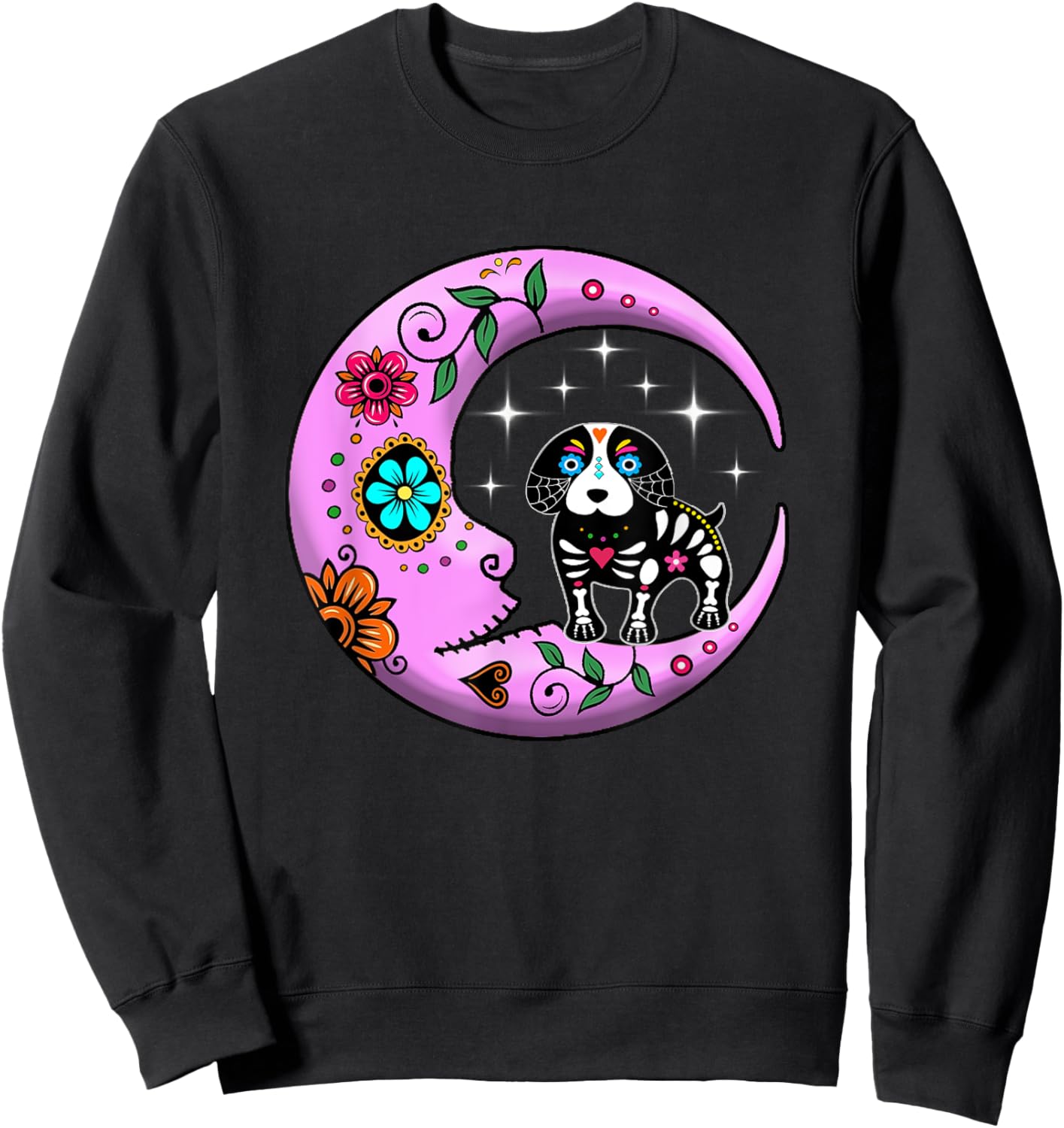 Dog & Moon Sugar Skull Dia de Los Muertos Funny Day Of Dead Sweatshirt - Sweatshirt | Black