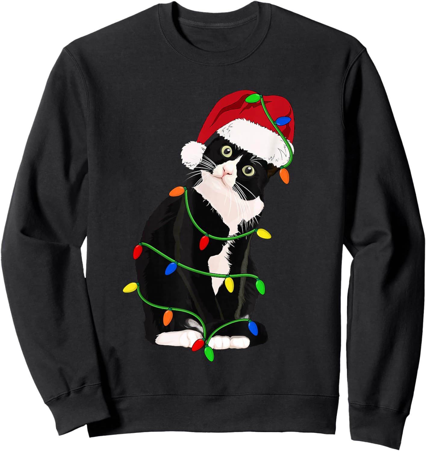 Tuxedo Cat Meow Santa Tuxie Christmas Tree Lights Cat Catmas Sweatshirt - Sweatshirt | Black