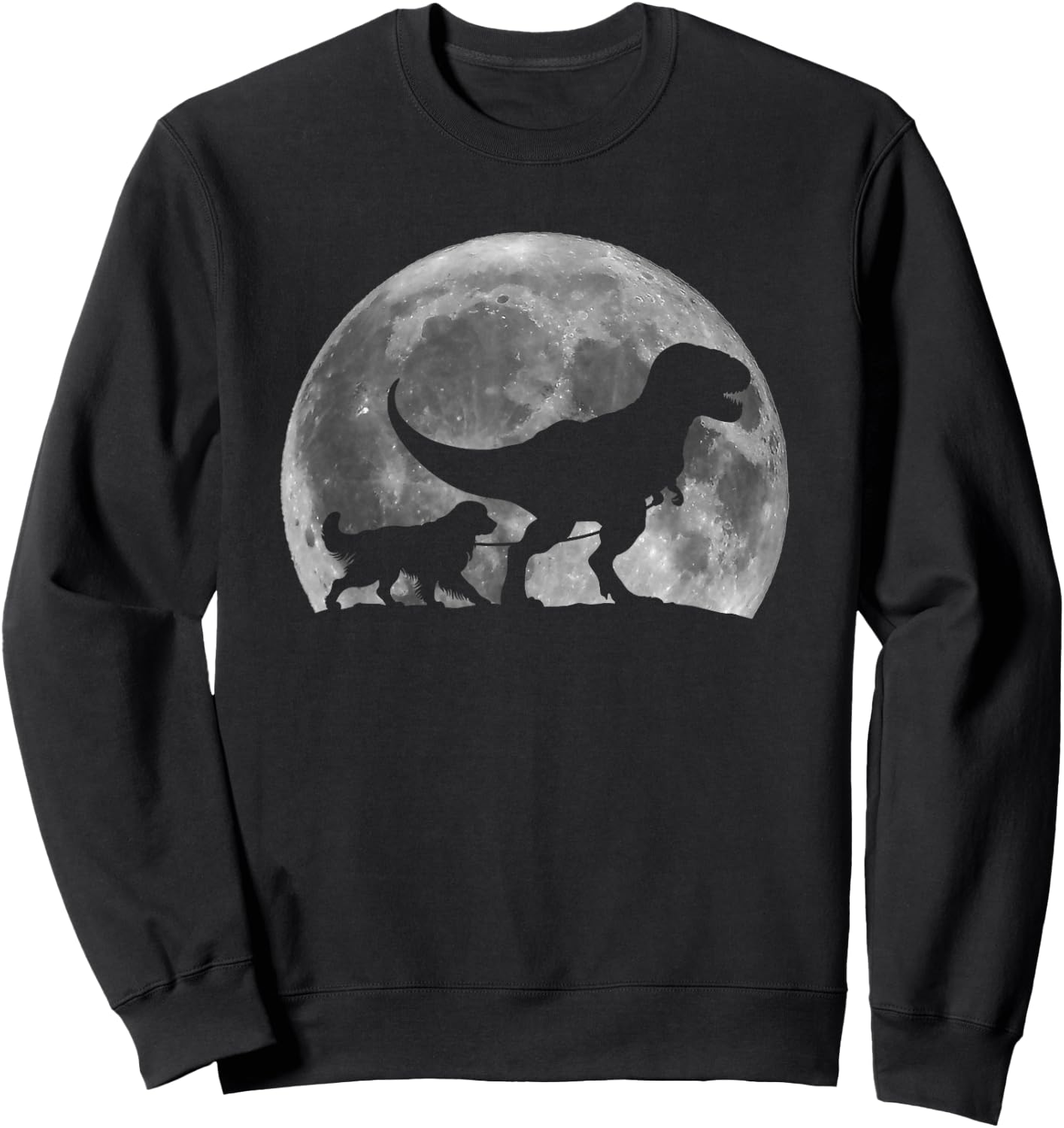 T Rex Walking a Dog Funny Golden Retriever Moon Halloween Sweatshirt - Sweatshirt | Black
