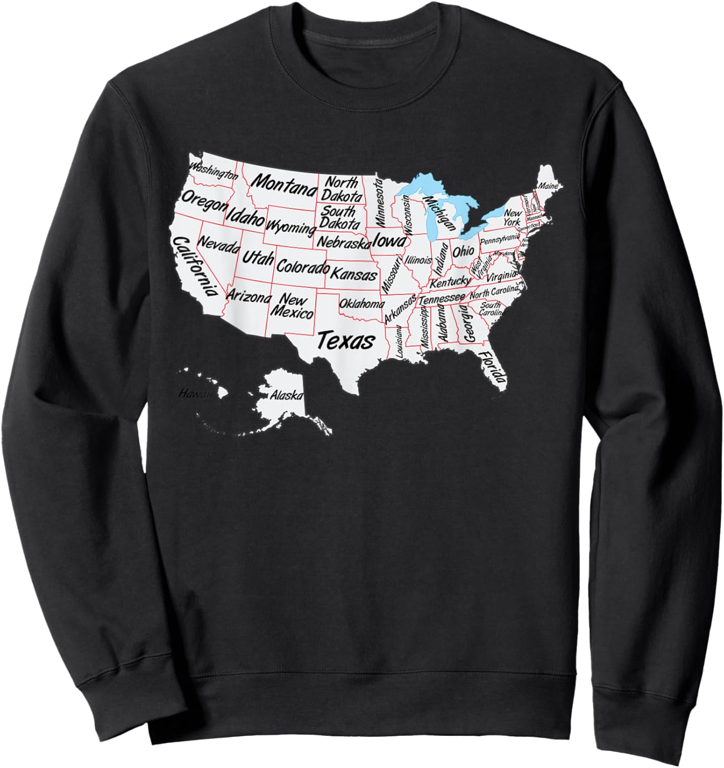 US Map with states names and border, USA map Sweatshirt - Sweatshirt | Black
