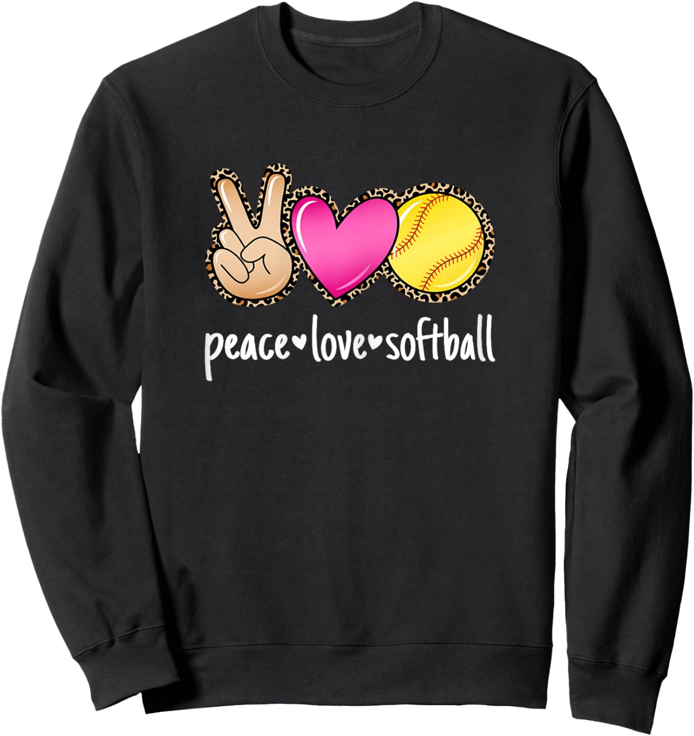 Peace Love Softball Leopard Print Women Girls Cute Softball Sweatshirt - Sweatshirt | Black