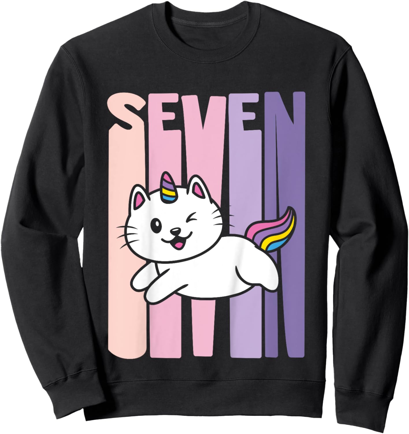 7 Year Old Cute Caticorn Cat Unicorn Birthday Girl B-day Sweatshirt - Sweatshirt | Black