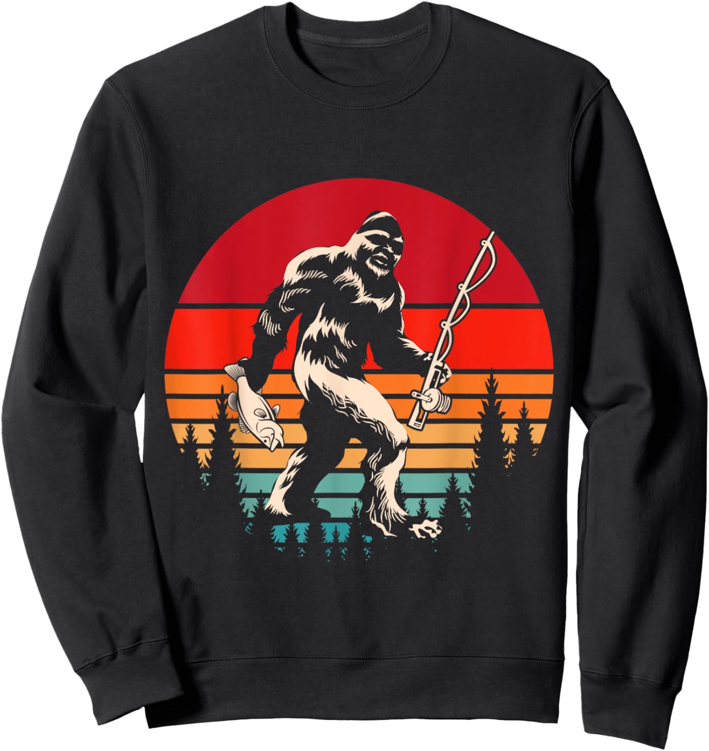 Retro Yeti Sasquatch Cryptid Fishermen Gift Fishing Bigfoot Sweatshirt - Sweatshirt | Black