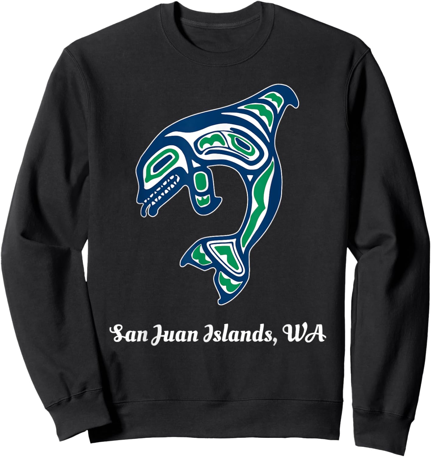 Green Native American San Juan Islands WA Orca Killer Whale Sweatshirt - Sweatshirt | Black