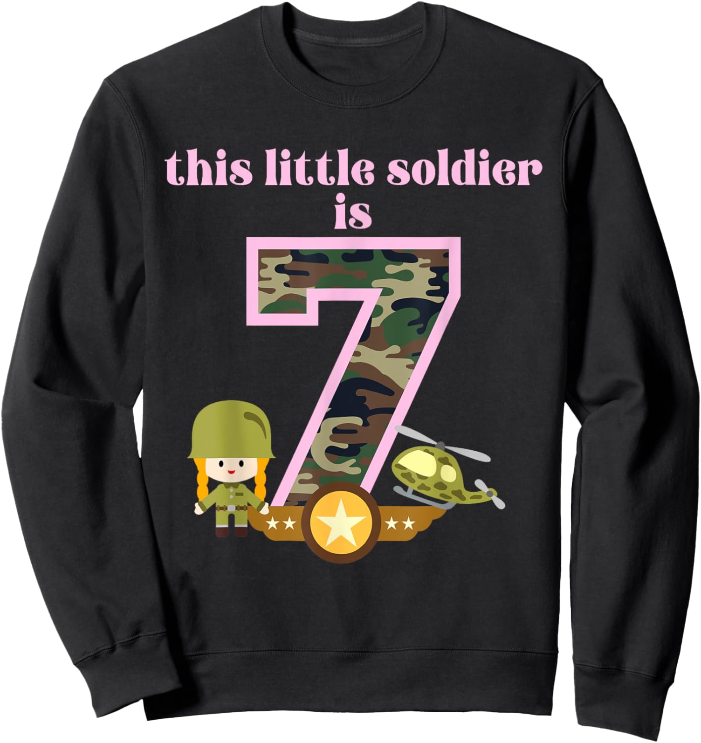 This Little Soldier is 7 Birthday Party Army Military Girls Sweatshirt - Sweatshirt | Black