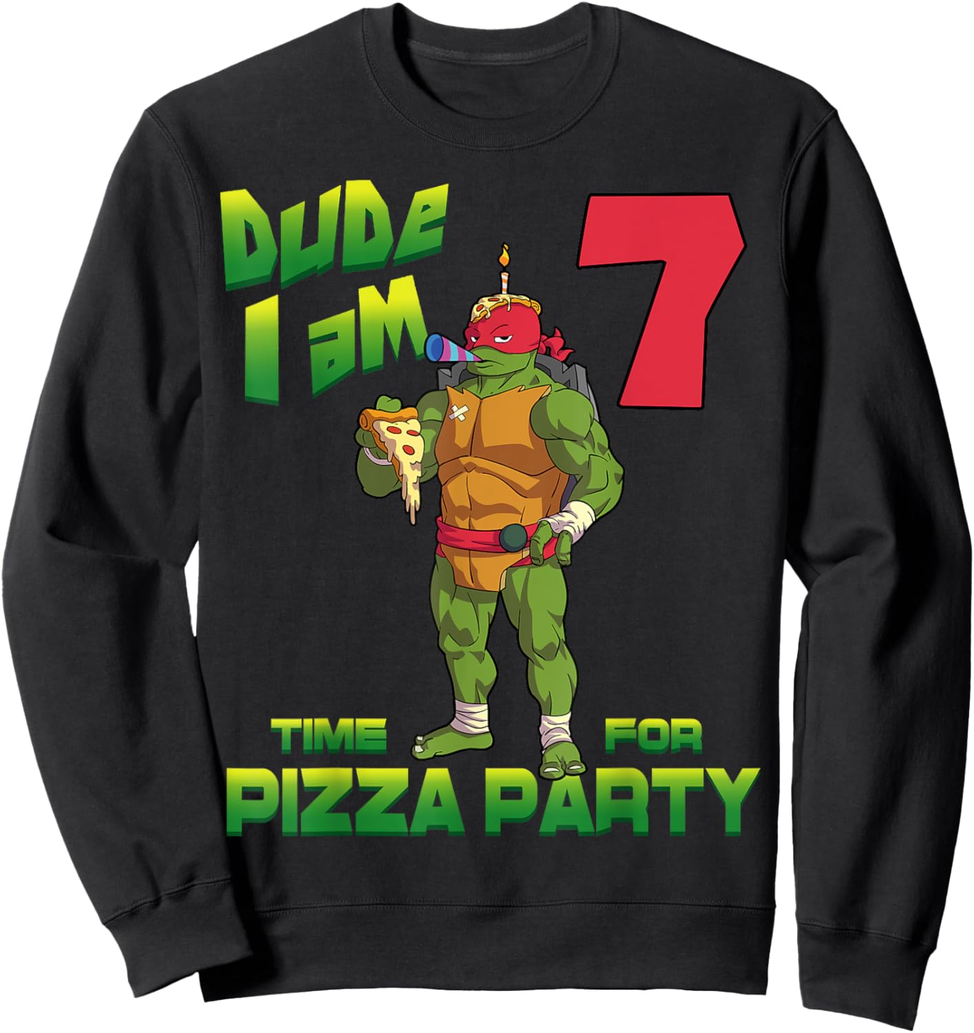 Mademark x Teenage Mutant Ninja Turtles - Dude I am 7 Years Old Raphael Pizza Birthday Party Sweatshirt - Sweatshirt | Black