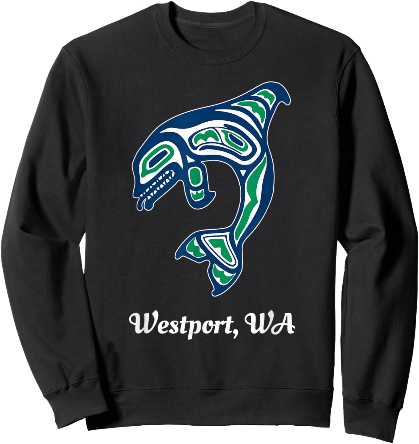 Blue Green Native American Westport WA Orca Killer Whale Sweatshirt - Sweatshirt | Black